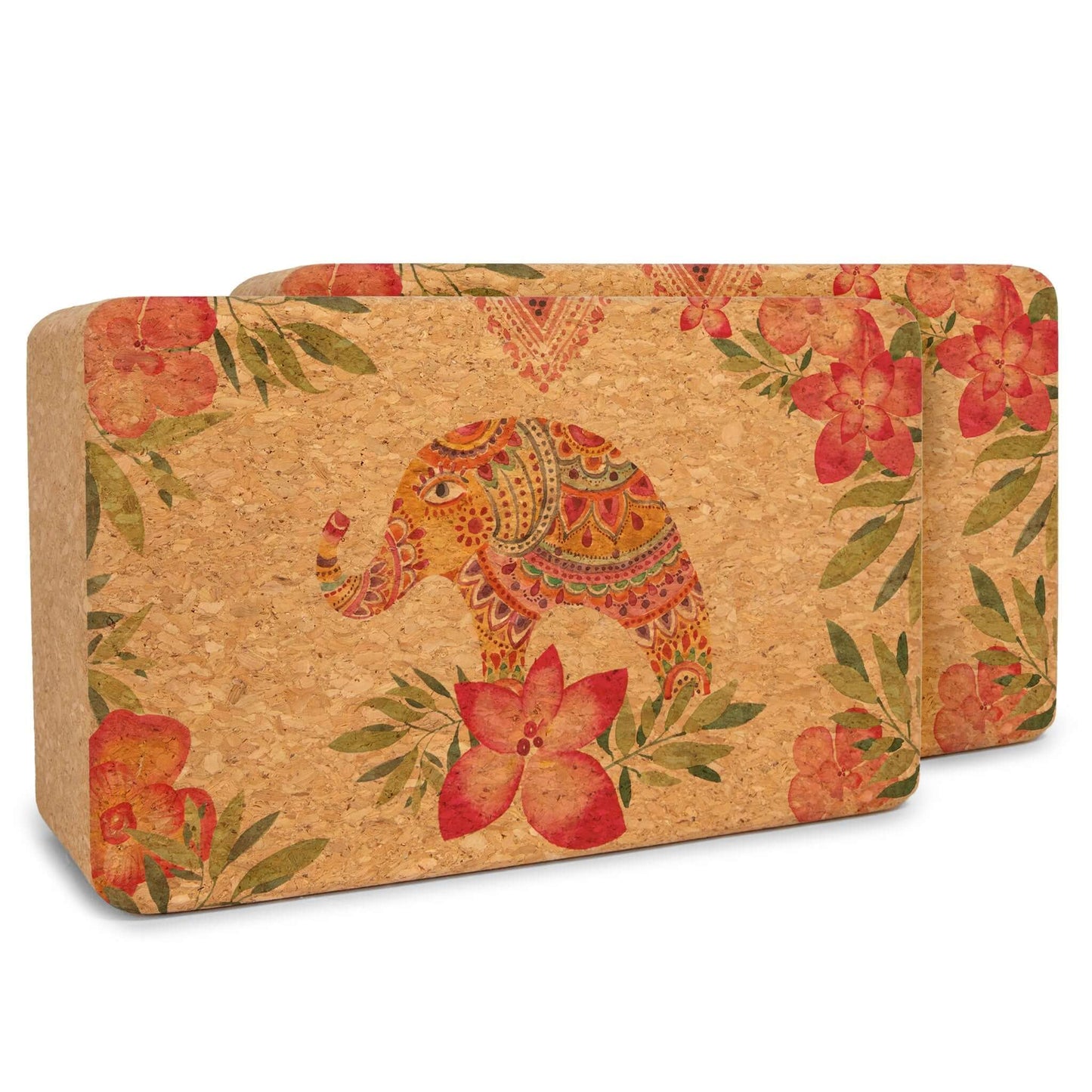 Cork yoga block set, Tropical Vibes. Watercolor mandala elephant & tropical blooms in red & green. Non-slip