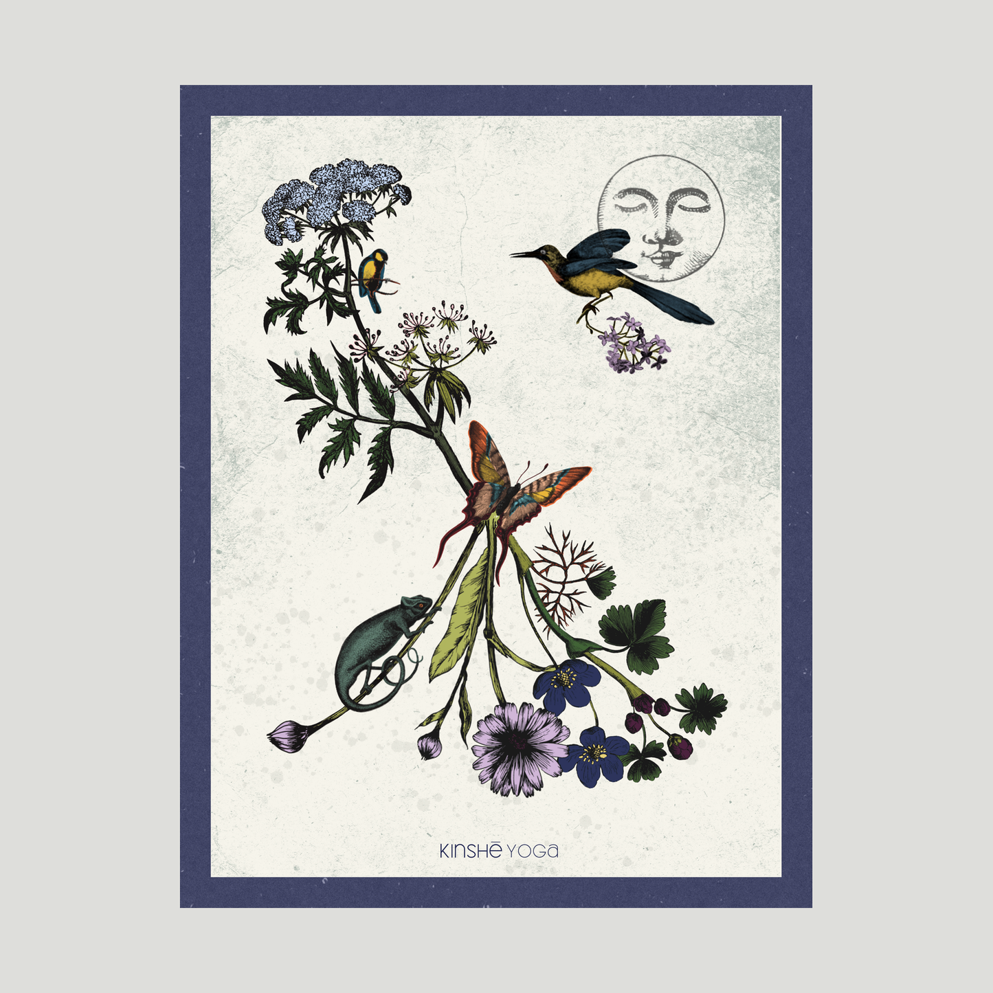 Kinshe Yoga digital gift card, navy border with hummingbird and floral illustration, on neutral grey background