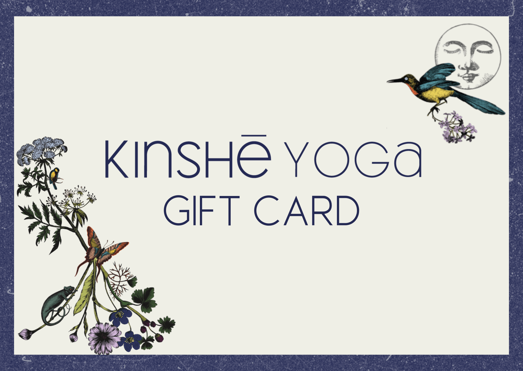 E-commerce gift card for Kinshē Yoga with trippy vintage illustrations of birds, flowering plants and a blue gecko.