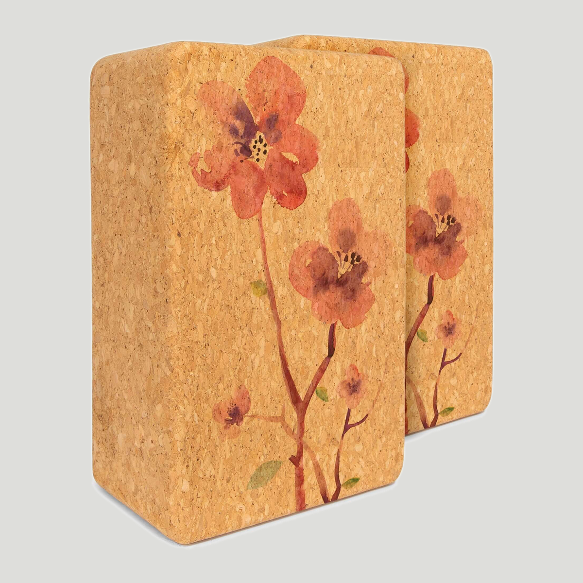Cork yoga block set, Blossom. Delicate watercolor peach blossoms, neutral grey background