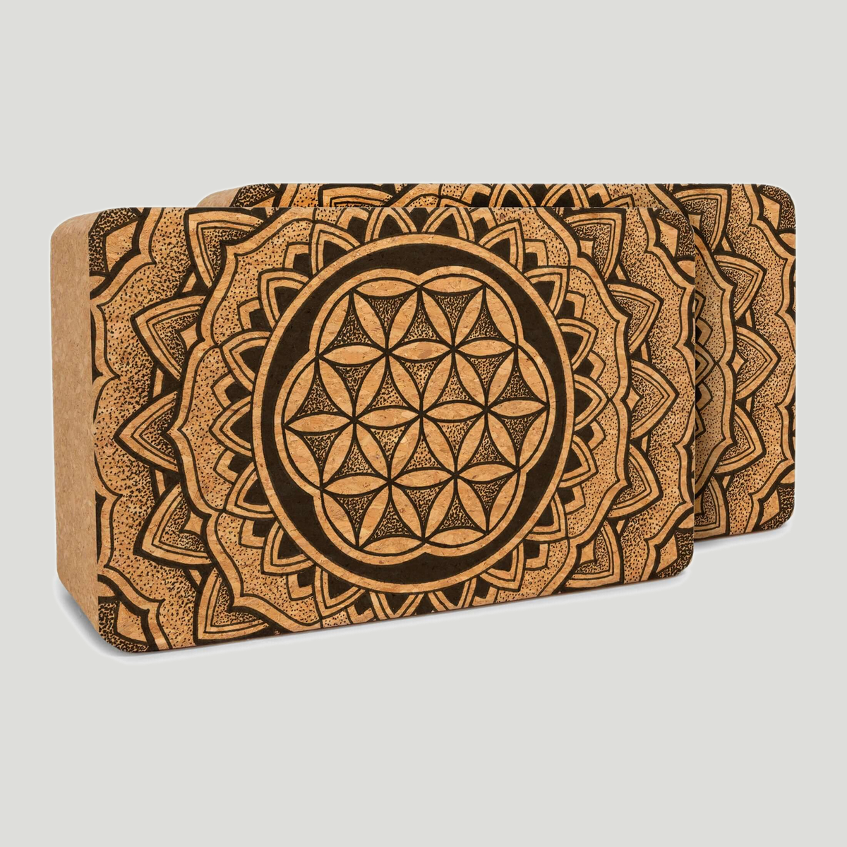 Cork yoga block set, Earth Rest. Sacred Flower of Life mandala in rich brown, neutral grey background