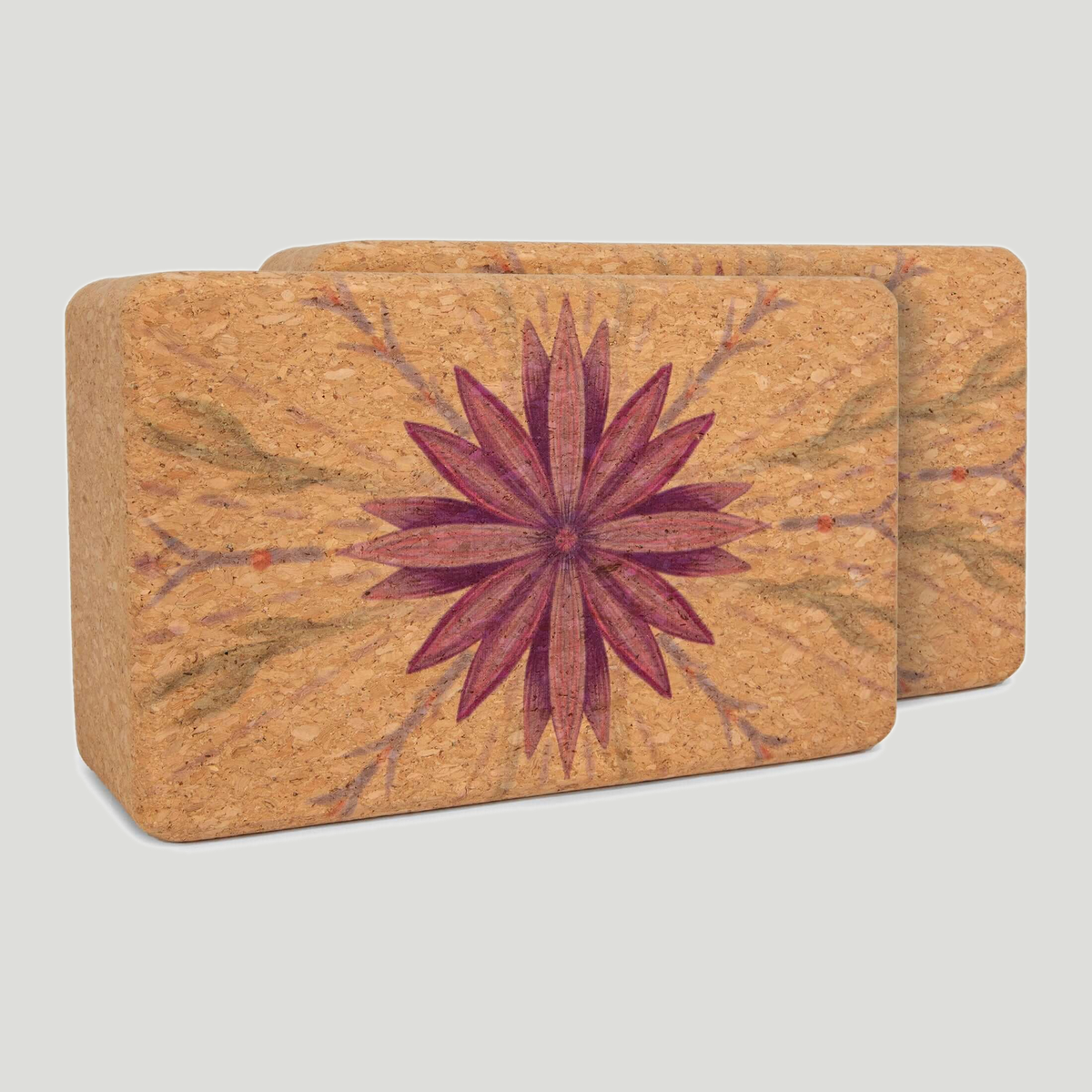 Cork yoga block set, Flight Home. Ethereal purple starburst mandala on natural cork, neutral grey background
