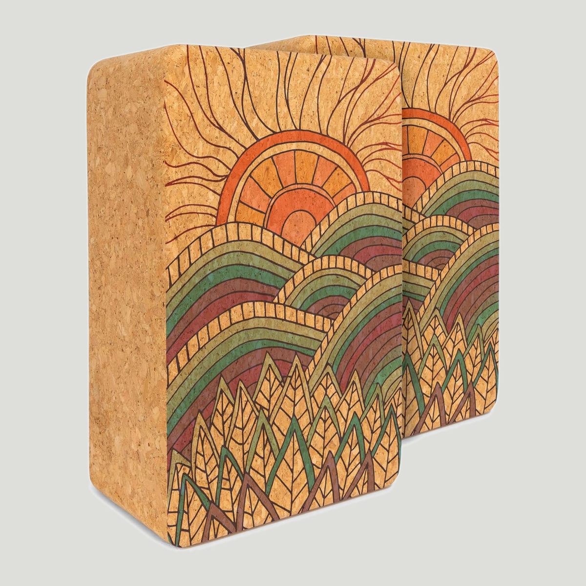 Cork yoga block set, Mountain Magic. Vibrant sunrise over rolling mountains, neutral grey background
