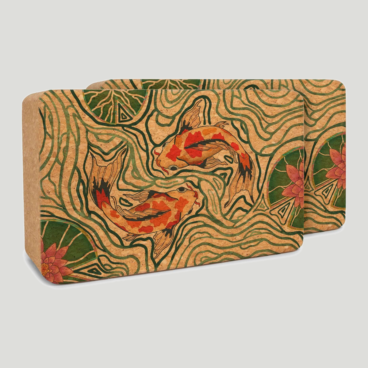 Cork yoga block set, Pond of Harmony. Koi fish & lotus woodcut in green & red on neutral grey background. Kinshe Yoga Artist Series