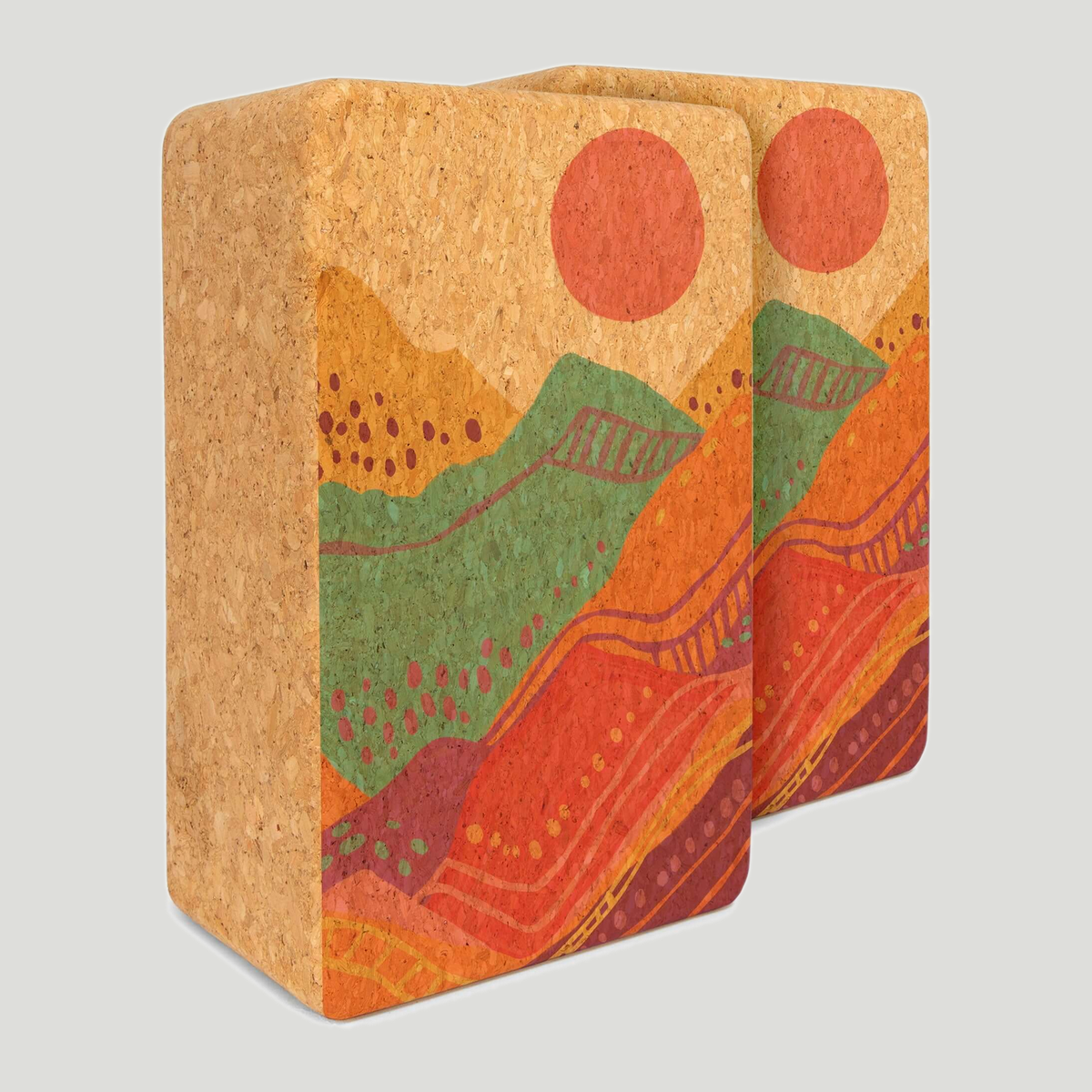 Cork yoga block set, Spirit Rising. Radiant desert landscape & red sun, neutral grey background