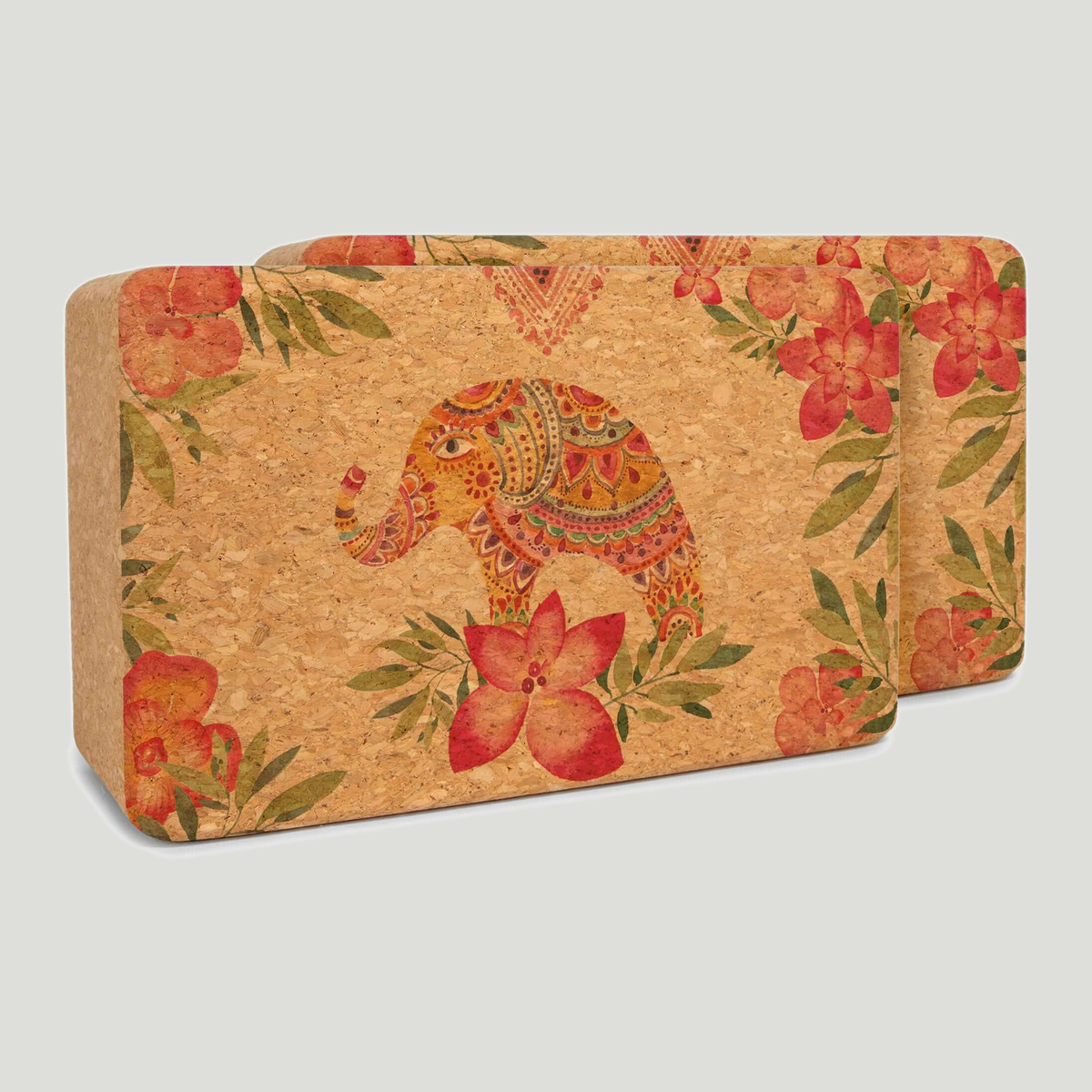 Cork yoga block set, Tropical Vibes. Watercolor mandala elephant & tropical blooms, neutral grey background